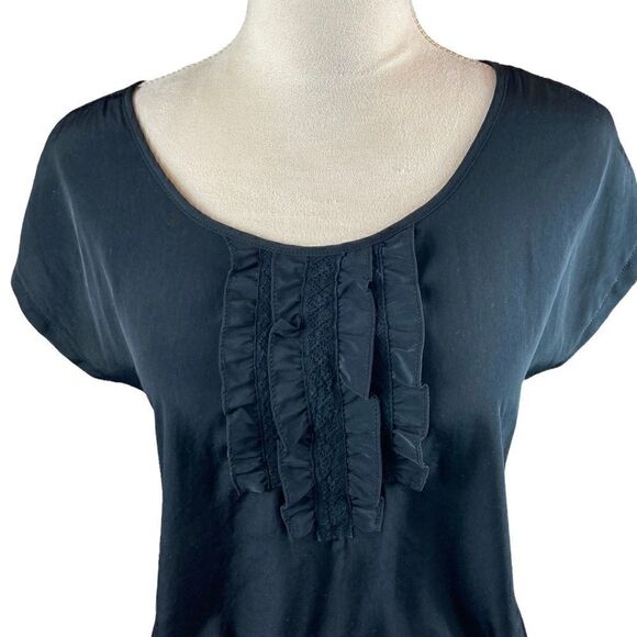 Banana Republic Black Short Sleeve Top With Front Ruffles, Size PM - Picture 6 of 7
